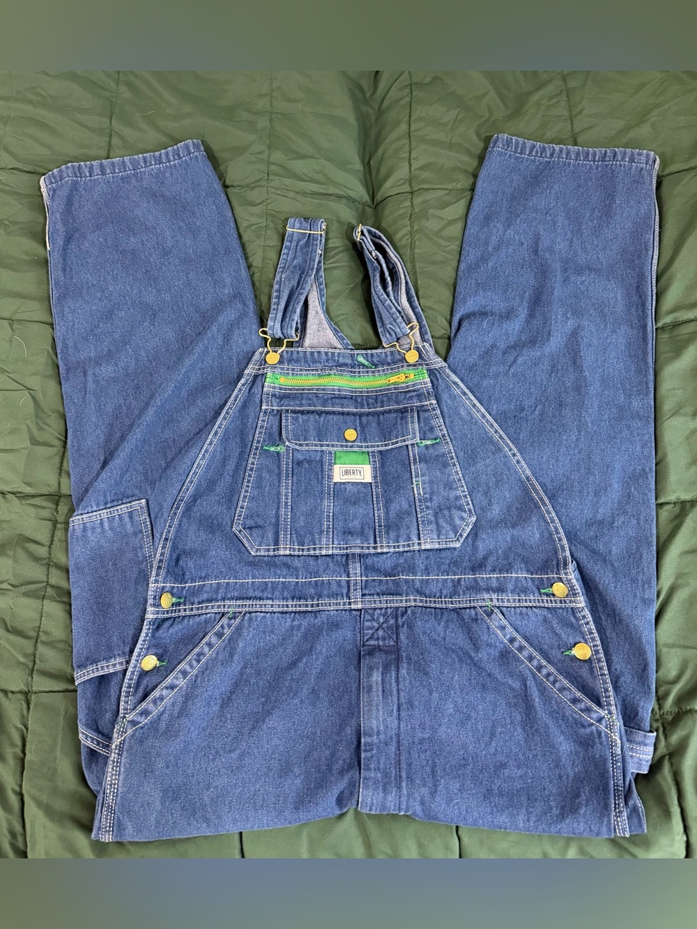 Liberty Denim Bib Overalls Men’s 34x30 Blue Green Accents Carpenter Workwear